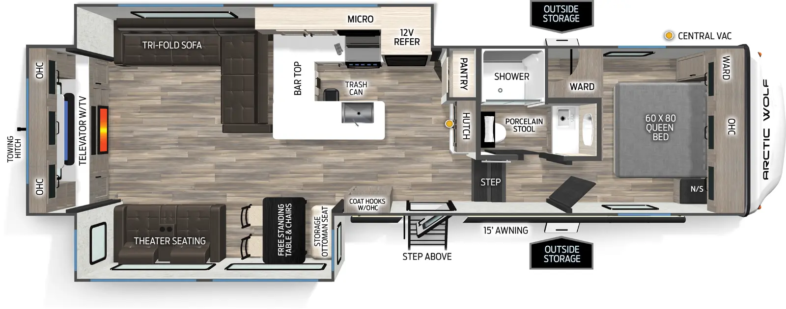 The Arctic Wolf 289PANO floorplan has one entry and two slide outs. Exterior features include: fiberglass exterior and 15' awning. Interiors features include: free-standing dinette option, front bedroom and rear living.